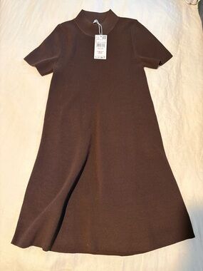 Mango Brown Ribbed Mock-Neck Knit Dress
